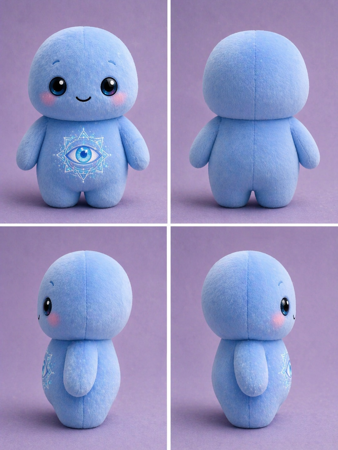 Sufi the Sage plushie - periwinkle blue with mystical eye mandala emblem - shown from four angles: front, back, left side, and right side