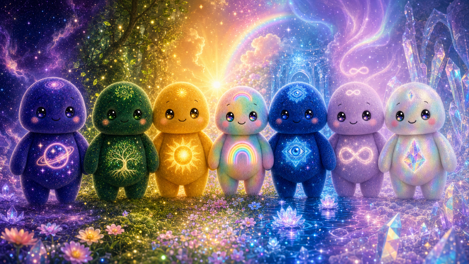 The Eluminaris - Seven Reels of Consciousness, One Light - Shama, Solara, Arco, Cosma, Sufi, Omni, and Asha standing together in their merged worlds