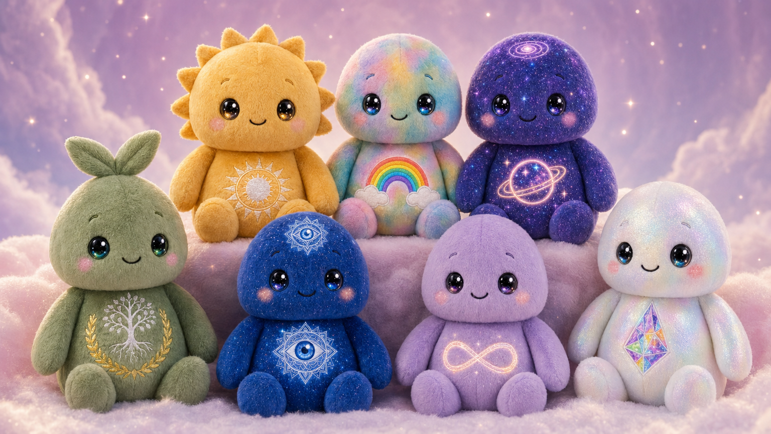 The seven Eluminaris plushies - Shama, Solara, Arco, Cosma, Sufi, Omni, and Asha - sitting together on a dreamy pastel cloud background