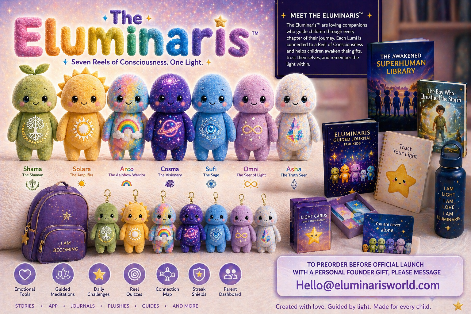 The complete Eluminaris product ecosystem - plushies, keychain companions, backpack, guided journal, light cards, water bottle, storybooks, and more